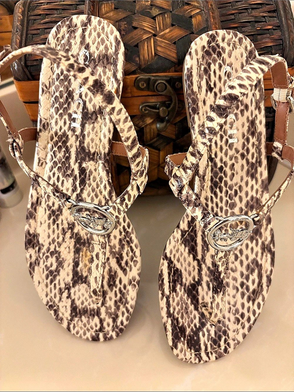 Coach Animal Print Logo Sandals in Brown & Cream US 7.5